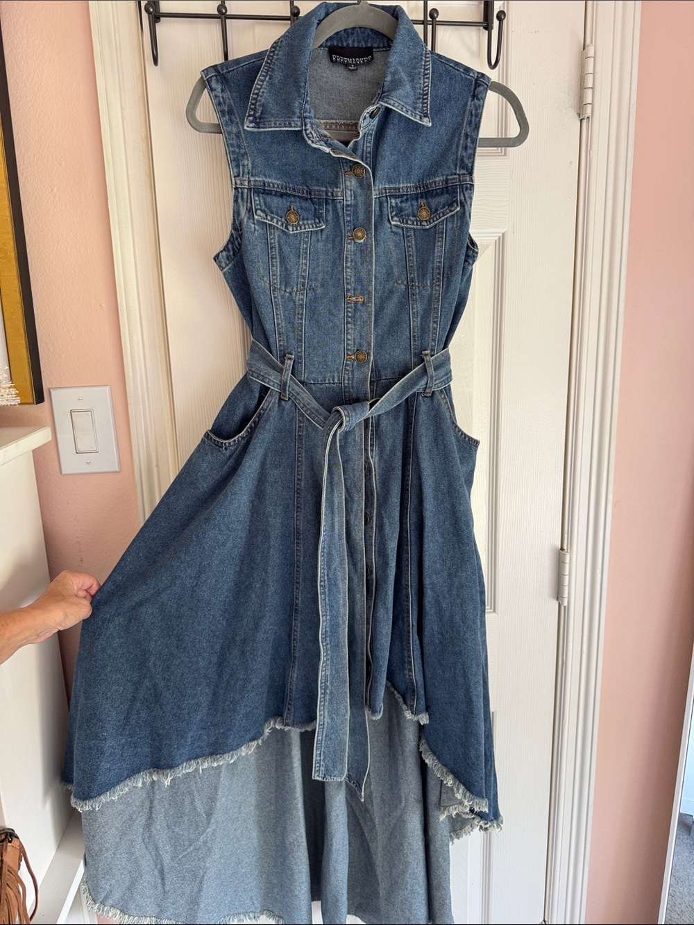 Denim Sleeveless Button-Front Midi Dress with Tie Waist Size Small